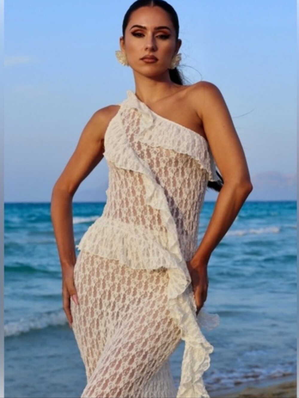Zara Lace Asymmetric Ruffled Stretchy Top White M NWT - Picture 8 of 14